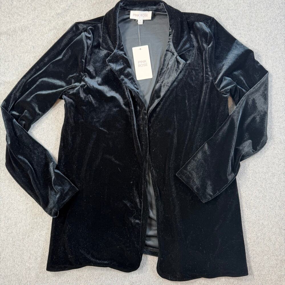 PINK ROSE Women's Large Black Velvet Open Front Blazer Jacket Cardigan New